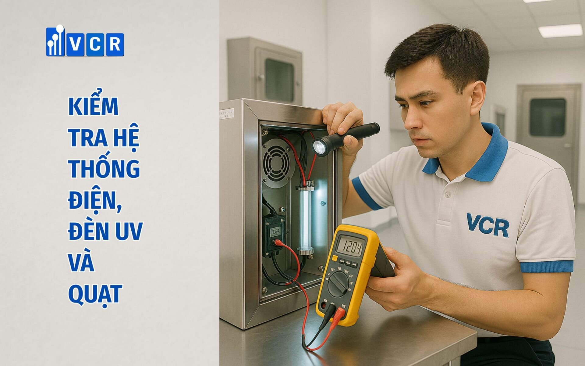 Kiểm tra hệ thống điện đèn uv và quạt pass box